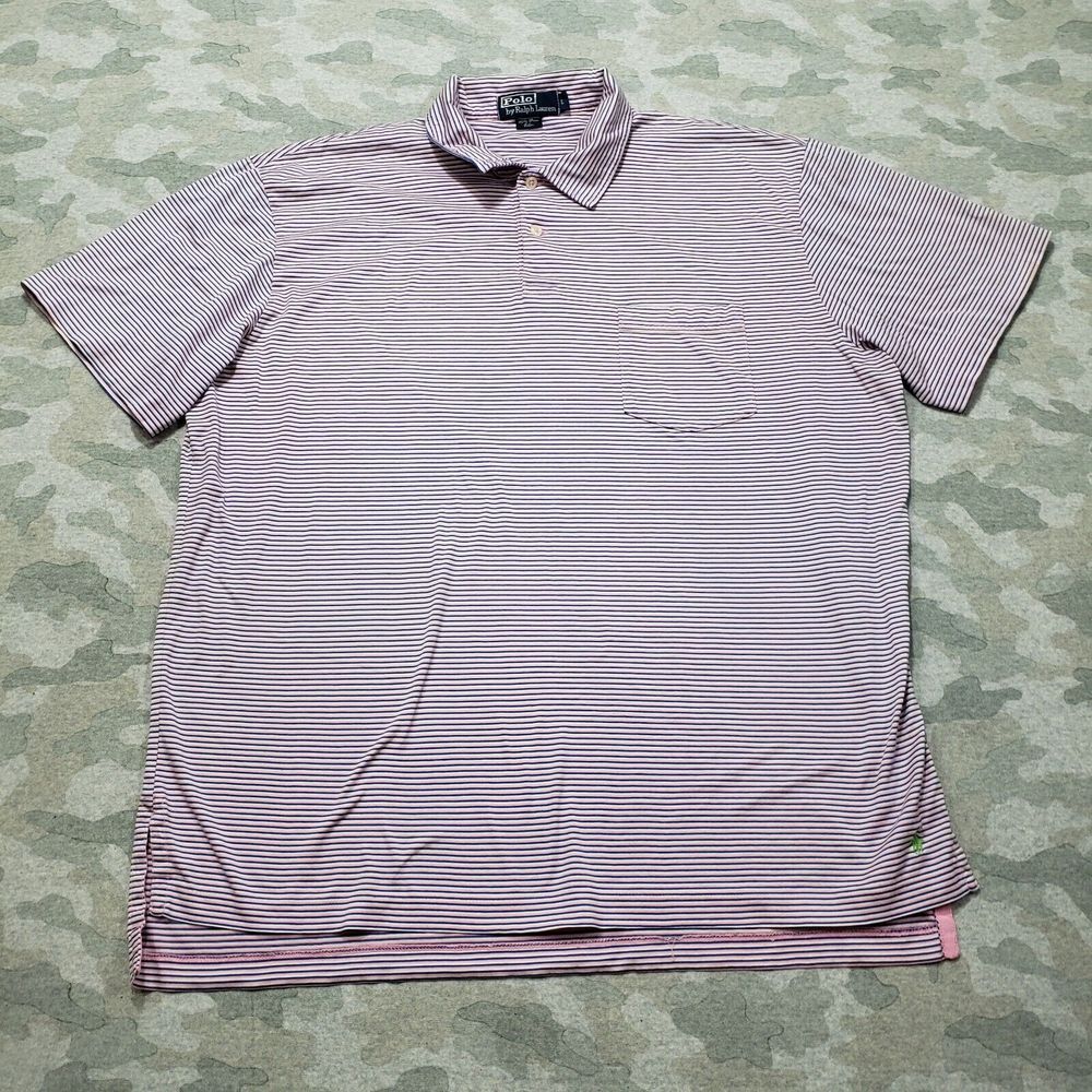 Polo Ralph Lauren Polo Shirt Mens Large Pink Blue Striped Short Sleeve Gold...